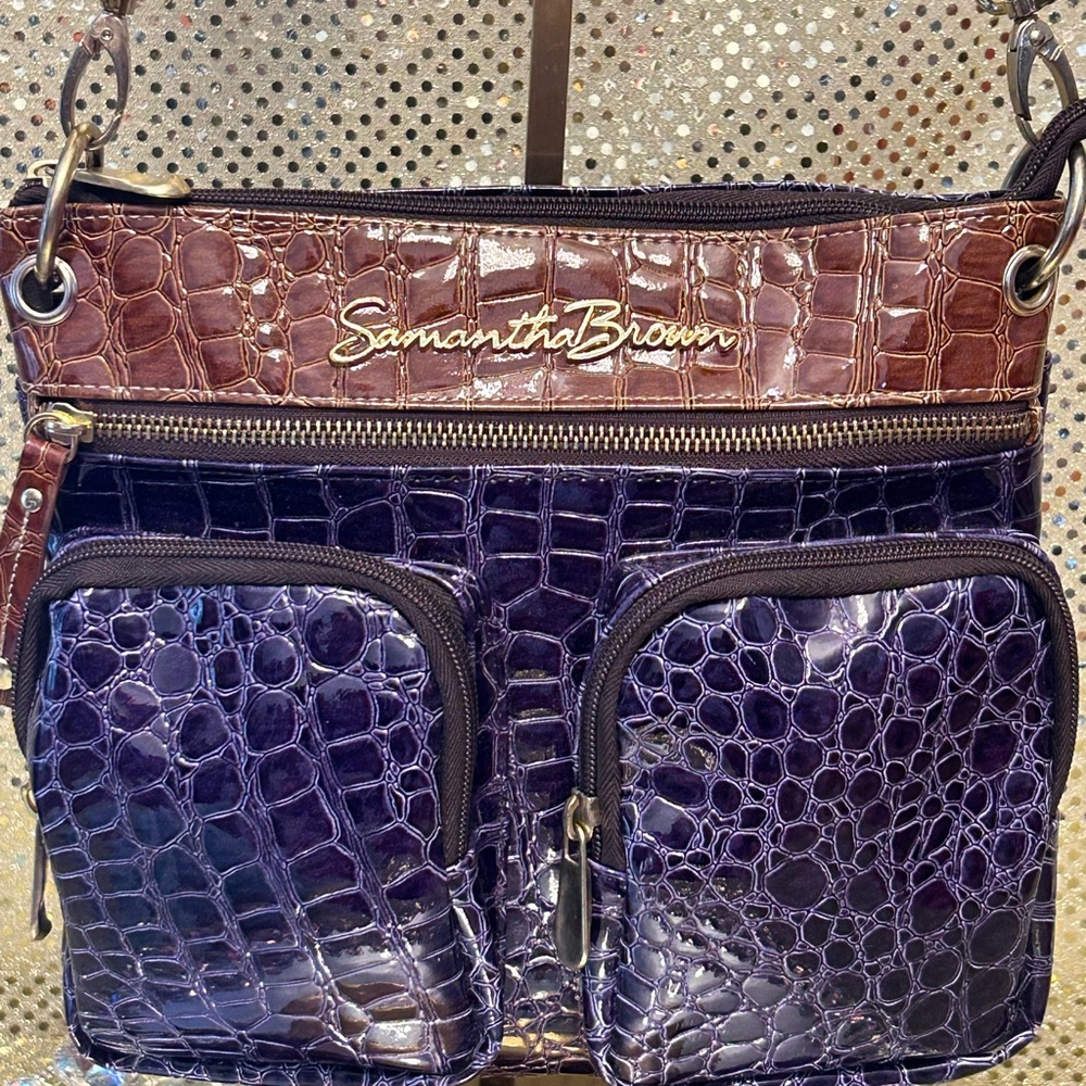 Samantha Brown Purple and Brown Croc-Embossed Crossbody Bag Approx. 10 x 10 NWOT